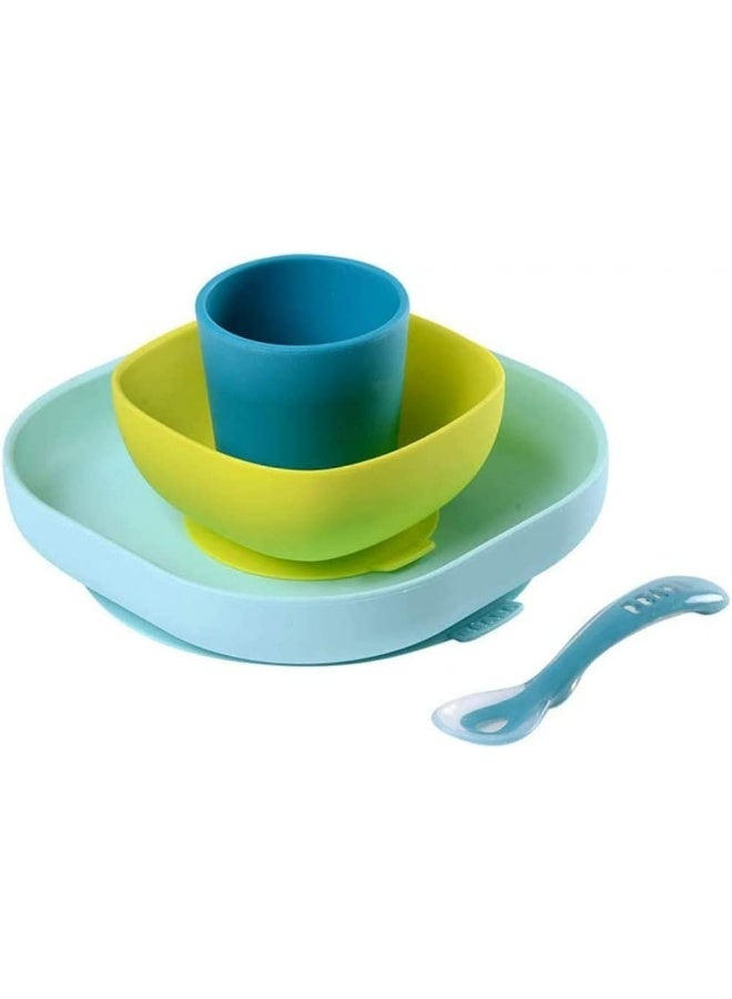 BEABA BÃ©aba Silicone 4-Piece Dishware - 100% Silicone Baby Plate Set, Baby Bowls - Includes Baby Plate, Baby Bowl, Baby Cup, 2nd Stage Silicone Spoon, Pastels - Image 1