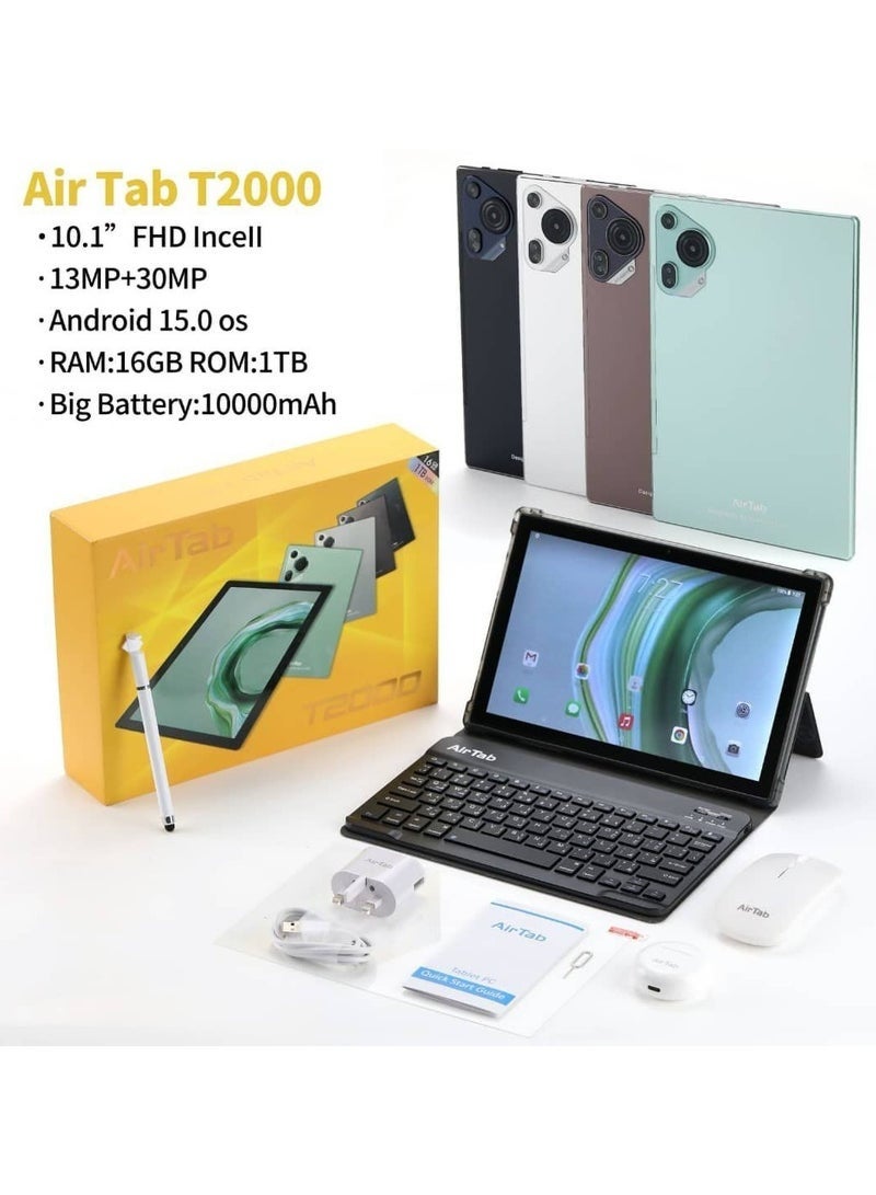 AirTab T2000 Smart Tablet 10.1 Inch FHD Display 16GB RAM 1TB Storage 10000mAh Battery Dual Camera Face Unlock with Wireless Arabic Keyboard Green – High Speed & Stylish Design  - Image 1