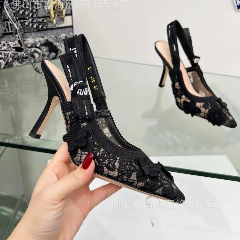 D Home Embroidered Alphabet Band Bow Lace Thin Heel Hollow Flat High Heels Chanel Style Floral Woven Bridesmaid - Image 5