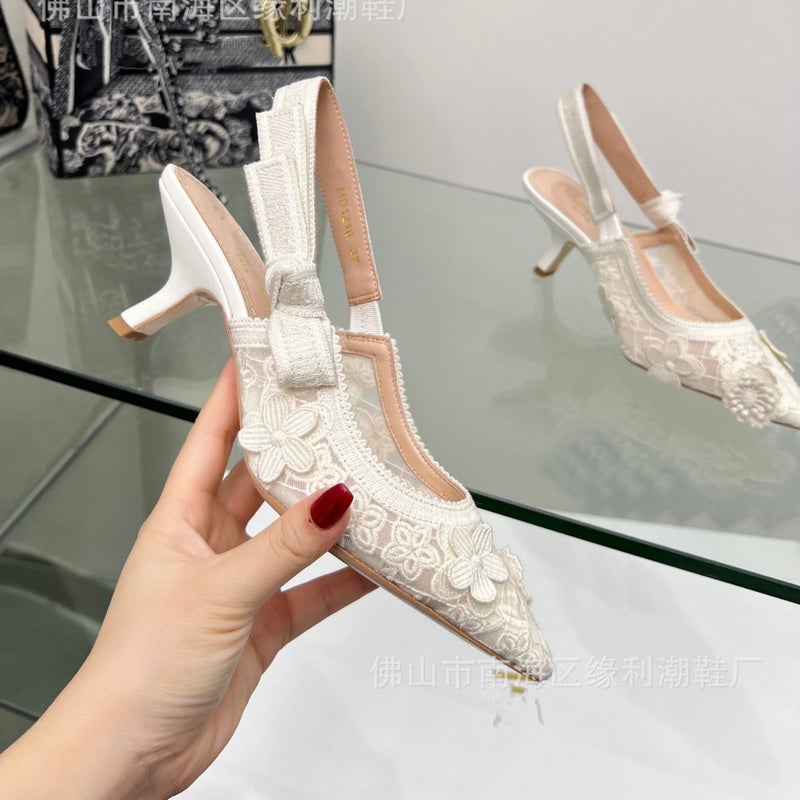 D Home Embroidered Alphabet Band Bow Lace Thin Heel Hollow Flat High Heels Chanel Style Floral Woven Bridesmaid - Image 4