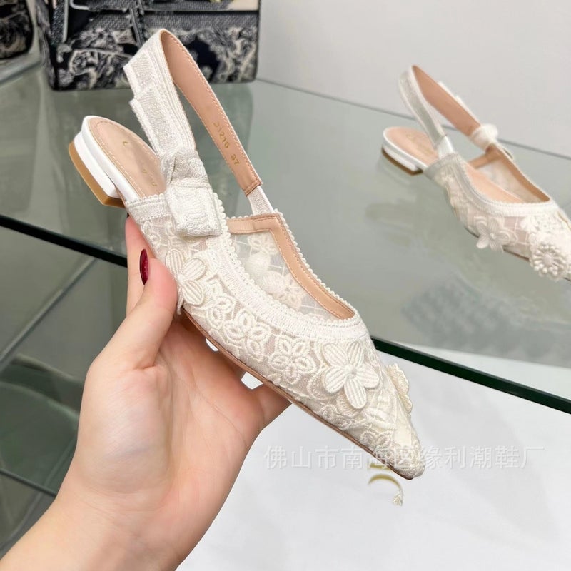D Home Embroidered Alphabet Band Bow Lace Thin Heel Hollow Flat High Heels Chanel Style Floral Woven Bridesmaid - Image 3