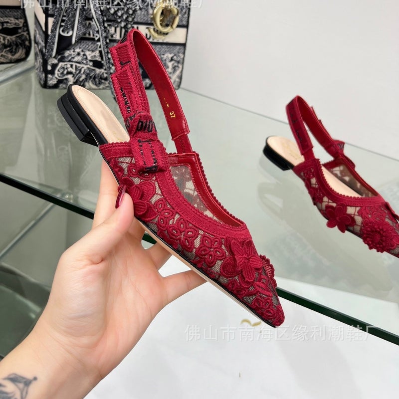 D Home Embroidered Alphabet Band Bow Lace Thin Heel Hollow Flat High Heels Chanel Style Floral Woven Bridesmaid - Image 2