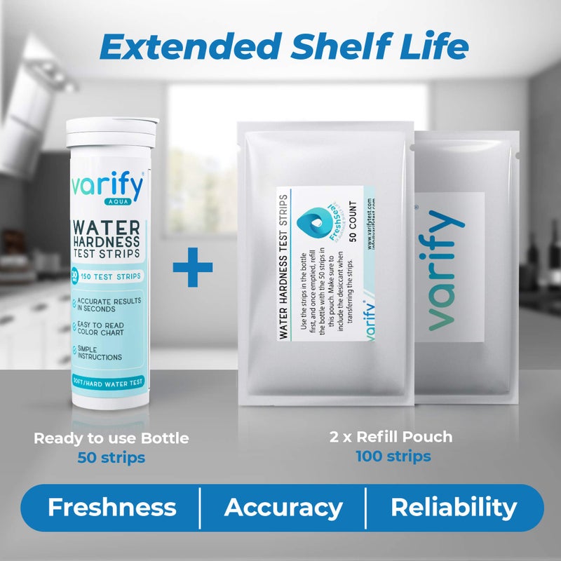 Varify Water Hardness Test Kit - Water Testing Kit for Home, Drinking, Well, Spa, Swimming Pool, Softener, Dishwasher & More - Hard Water Test Strips for Calcium, Magnesium etc (0-425 pmm, 150 Strips) - Image 5