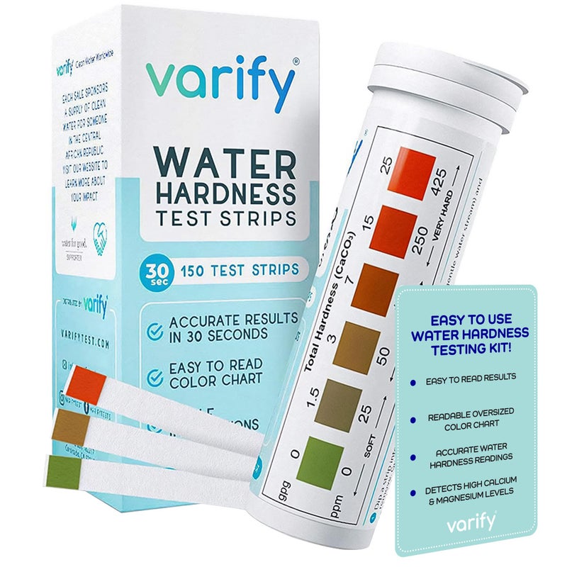Varify Water Hardness Test Kit - Water Testing Kit for Home, Drinking, Well, Spa, Swimming Pool, Softener, Dishwasher & More - Hard Water Test Strips for Calcium, Magnesium etc (0-425 pmm, 150 Strips) - Image 1