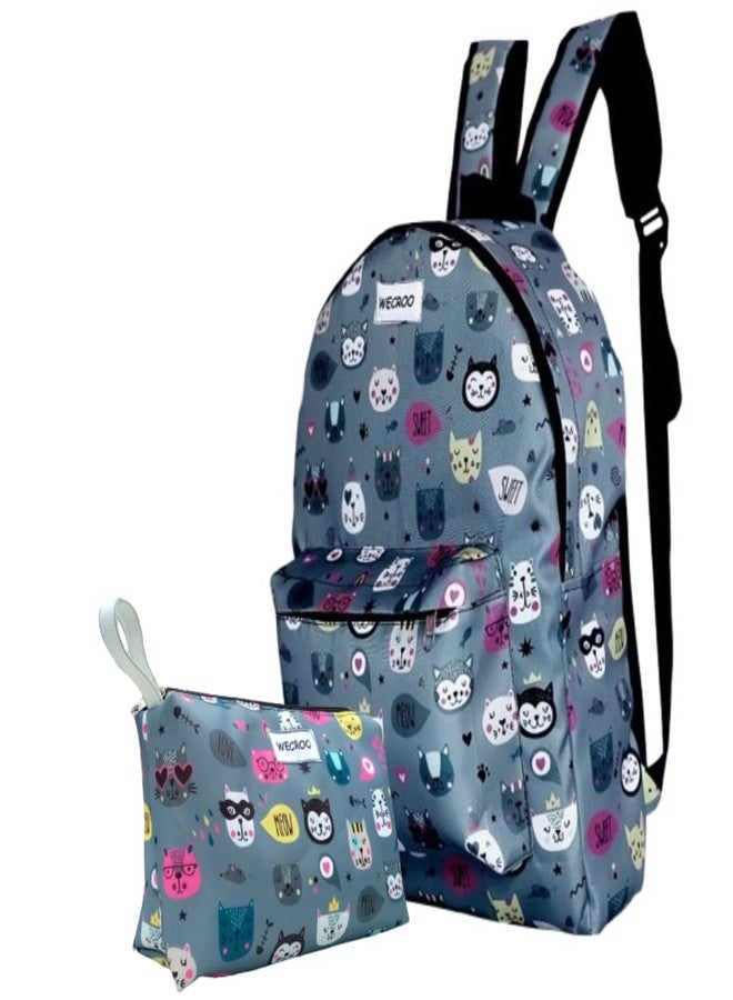 WECROO Stylish Trendy Casual College Backpacks, With small Matching pouch Designer School/College/Picnic Lightweight office Bag Backpack For Girls & Women (Grey kitty) - Image 1