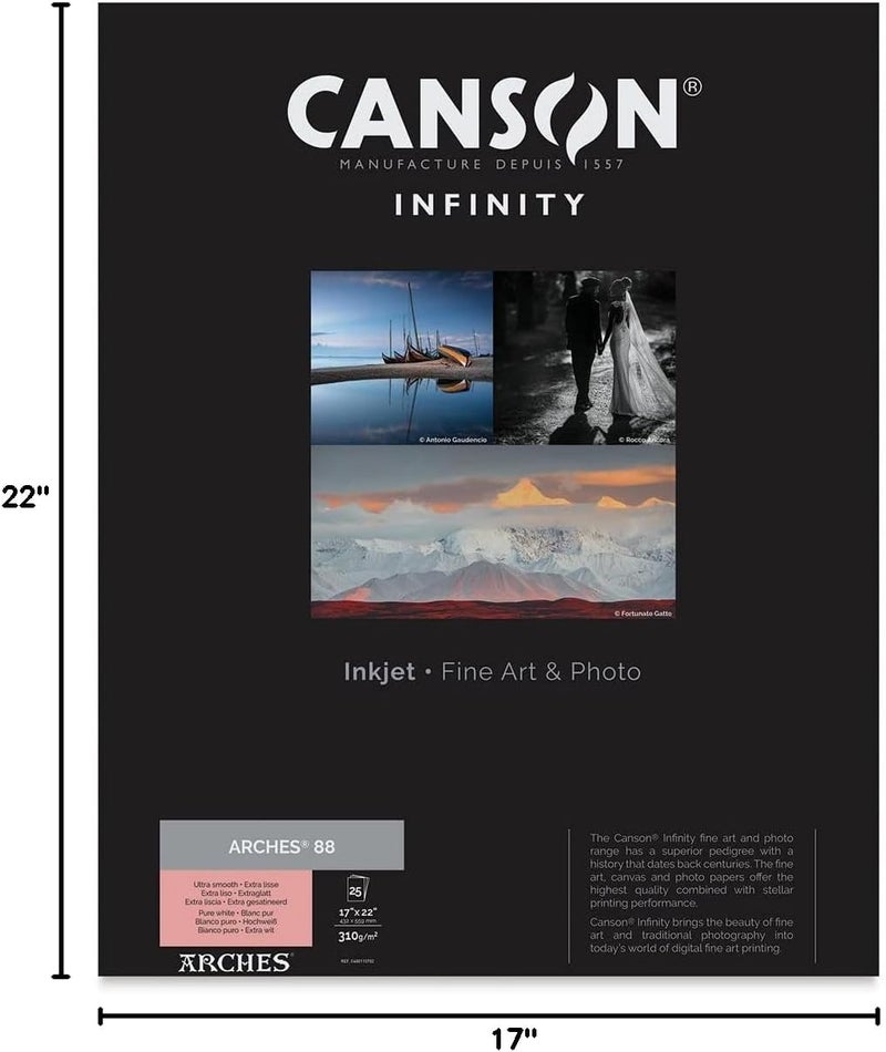 CANSON Canson Infinity Arches 88 Ultra Smooth Pure White Matte Inkjet Paper 310gsm 17 x 22 25 Sheets  - Image 2