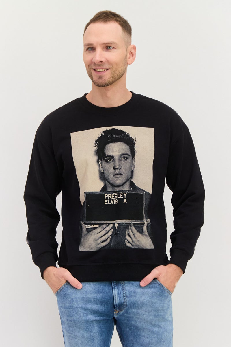 ELVIS سويت شيرت رجالي بأكمام طويلة وطباعة جرافيك على شكل طاقم، أسود - Image 1