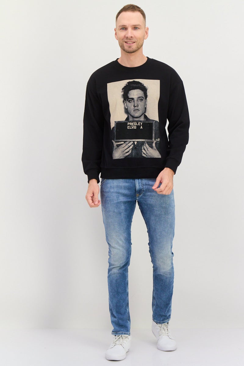 ELVIS سويت شيرت رجالي بأكمام طويلة وطباعة جرافيك على شكل طاقم، أسود - Image 3
