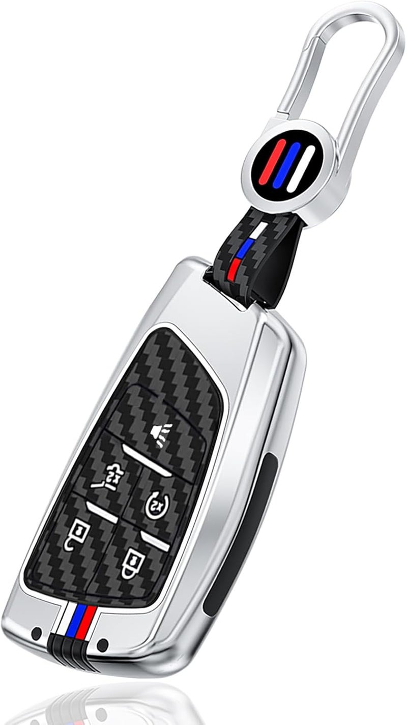 Aoocar 5 Button Heavy Metal Key Fob Cover for GMC and Chevy Models with Carbon Fiber Pattern - Image 1
