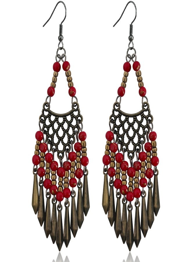 KVANU Handmade Vintage Bronze Bohemian Long Tassel Colorful Bead Dangle Drop Earrings Big Tribal Chandelier Geometry Hook Earrings for Women Statement Jewelry Gifts, Metal - Image 1