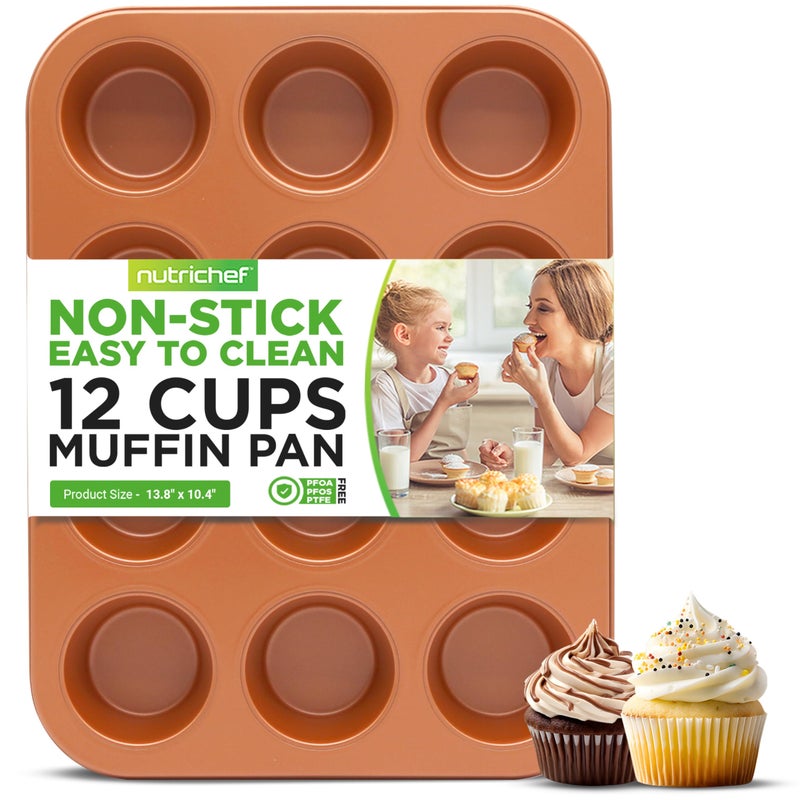 NutriChef 12cup Copper Oven Muffin Pan NonStick Coated Layer Surface Even Heating Muffin Tray for Muffins Cupcakes Pastries Mini Pies Used for Model Number NCBSCC54