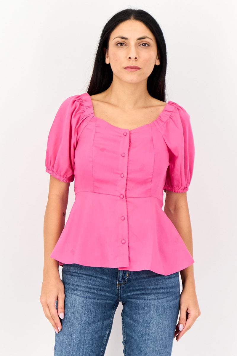 VERO MODA بلوزة قصيرة الأكمام بياقة على شكل قلب من فيرو مودا للنساء، وردي داكن - Image 1