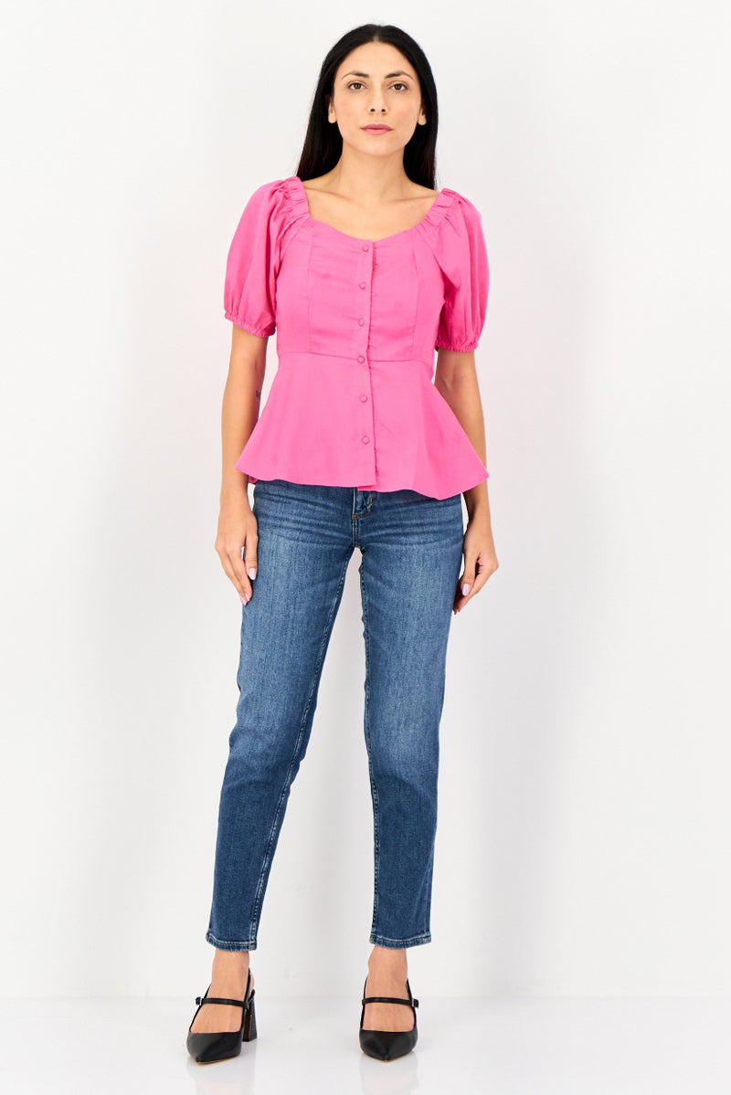 VERO MODA بلوزة قصيرة الأكمام بياقة على شكل قلب من فيرو مودا للنساء، وردي داكن - Image 2