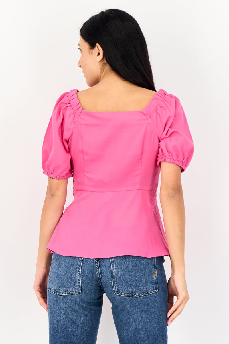 VERO MODA بلوزة قصيرة الأكمام بياقة على شكل قلب من فيرو مودا للنساء، وردي داكن - Image 4