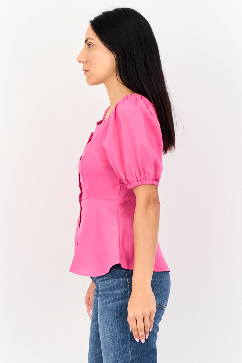 VERO MODA بلوزة قصيرة الأكمام بياقة على شكل قلب من فيرو مودا للنساء، وردي داكن - Image 3