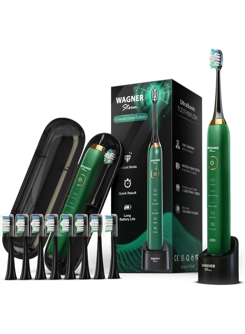Wagner Stern The Emerald Green Edition ultrasonic whitening electric toothbrush features five brushing modes, eight soft brush heads, and a premium travel case. - Image 1
