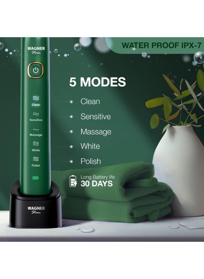 Wagner Stern The Emerald Green Edition ultrasonic whitening electric toothbrush features five brushing modes, eight soft brush heads, and a premium travel case. - Image 2