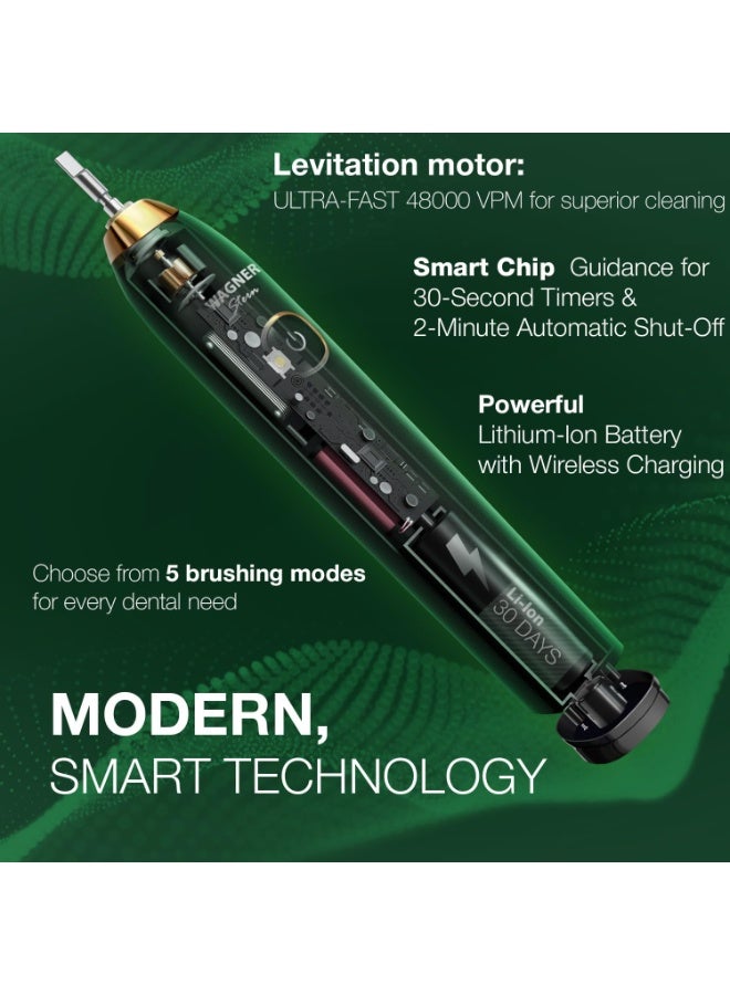 Wagner Stern The Emerald Green Edition ultrasonic whitening electric toothbrush features five brushing modes, eight soft brush heads, and a premium travel case. - Image 3