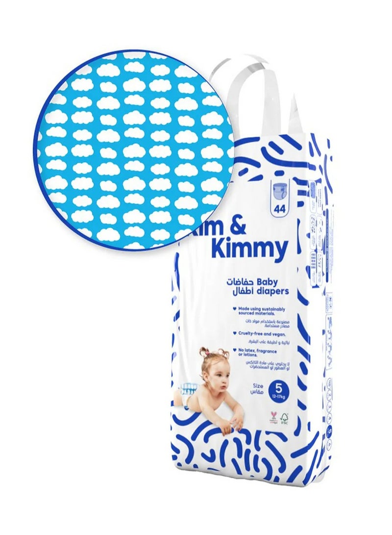 Kim & Kimmy Little Clouds Tape Style Baby Diapers, 44 Pieces, Size 5, 12 to 17kg - 12Hours Leak Protection, Wetness Indicator, Quick Absorb