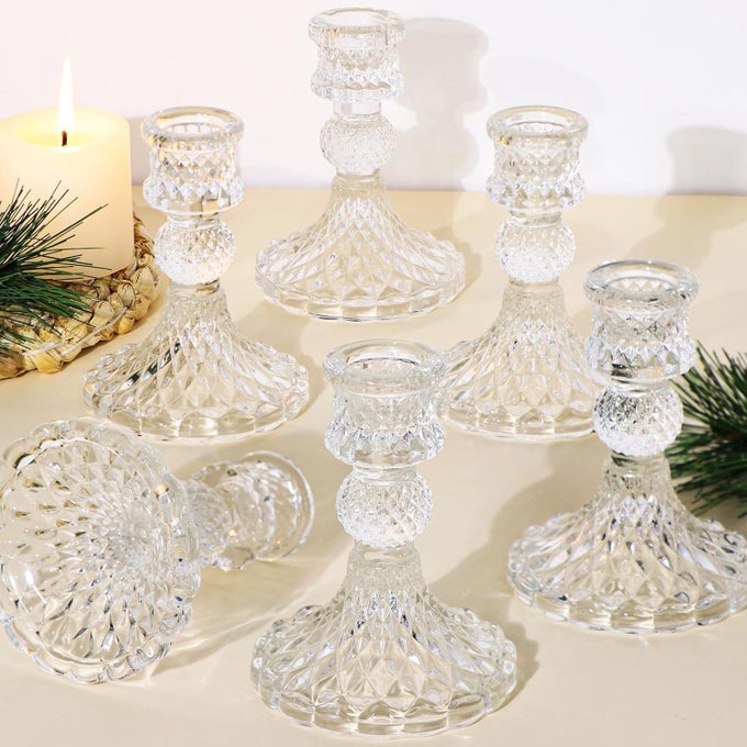 GLASS CANDLE HOLDER SET OF 6 CLEAR CANDLESTICK HOLDER VINTAGE CANDLESTICK HOLDER TAPER CANDLE HOLDER FOR WEDDING TABLE CENTERPIECESPARTY CHRISTMAS DECORATIONS
