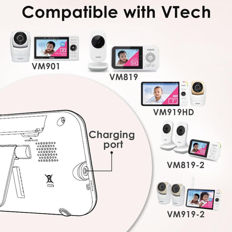 Pinkind 5V Charger Compatible with VTech VM901 VM919HD VM919-2HD VM819 VM819-2 PU Baby Monitor Handheld Screen Parent Unit, Universal Baby Monitor Power Adapter with 5Ft Cord - Image 2