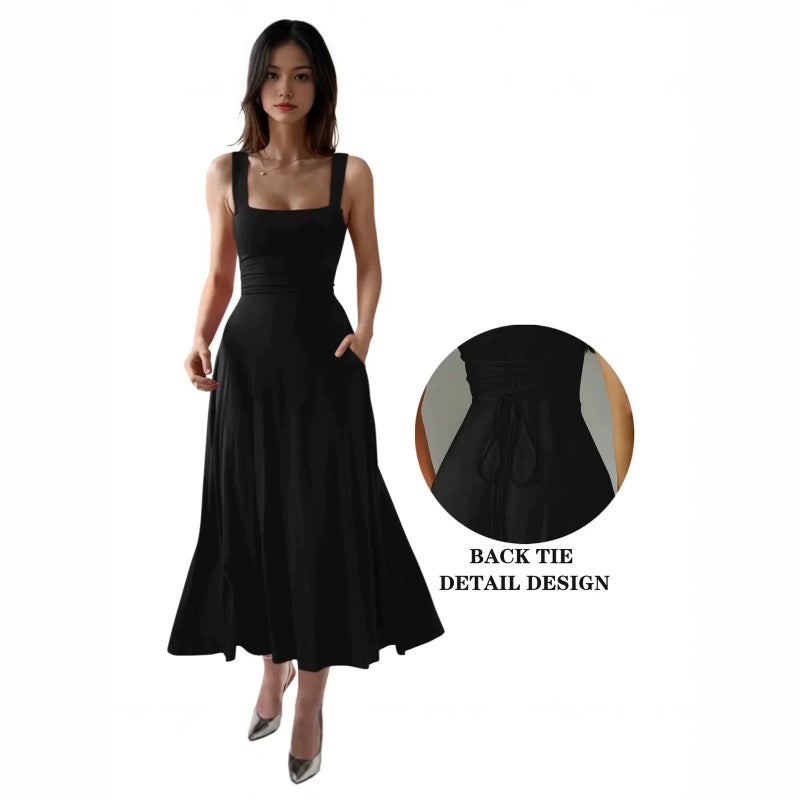 2026 Women's Solid Color Wide Strap Sleeveless Tie-Front A-Line Dress - Image 1