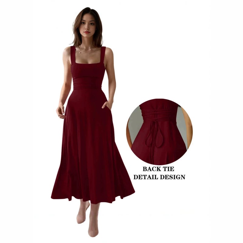2026 Women's Solid Color Wide Strap Sleeveless Tie-Front A-Line Dress - Image 2