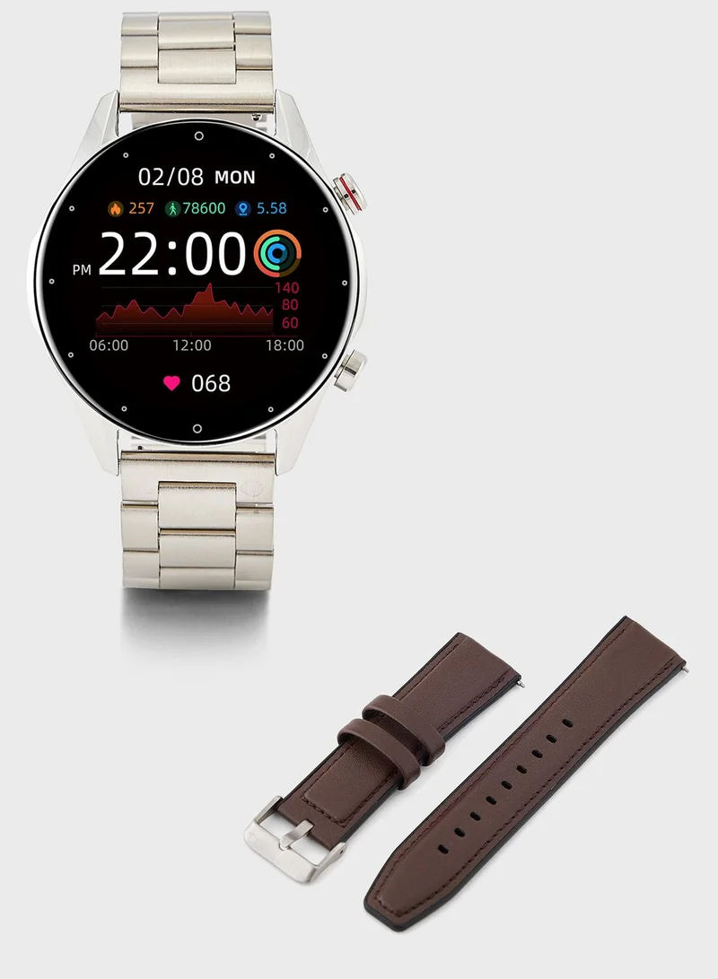 Seventy Five Genuine Leather And Metal Strap Smart Watch With Heart Rate And Fitness Features