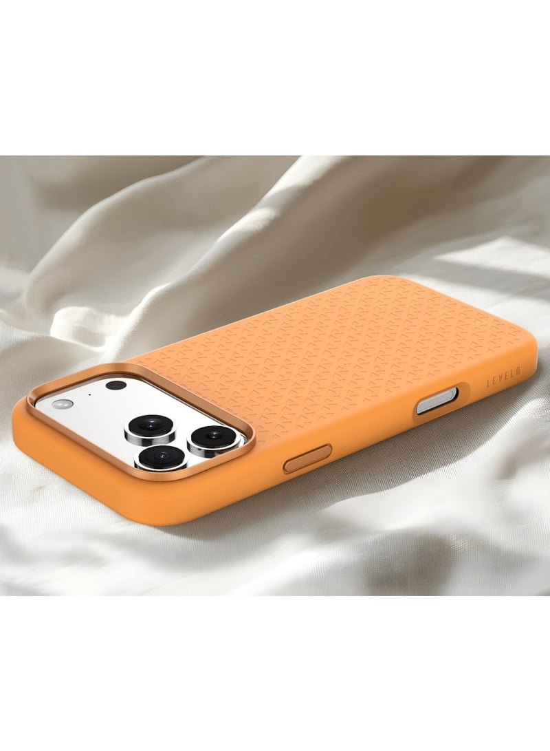 LEVELO Fiora MagSafe Liquid Silicone Case for iPhone 17 Pro Max with Pattern Design / Premium Silicone Grip / Shock-Resistant Bumper / Aluminum Alloy Frame for Camera & Buttons / Strong Magnet - Orange - Image 2