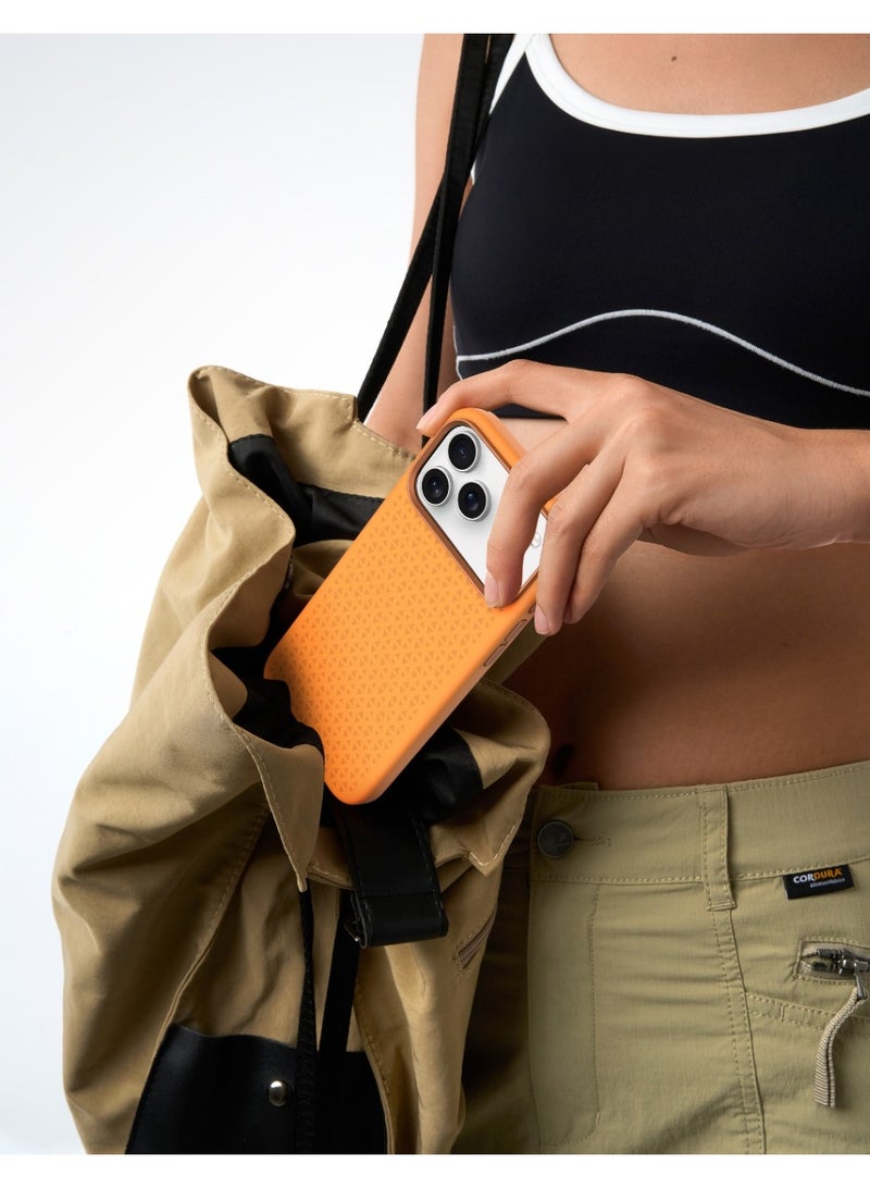 LEVELO Fiora MagSafe Liquid Silicone Case for iPhone 17 Pro Max with Pattern Design / Premium Silicone Grip / Shock-Resistant Bumper / Aluminum Alloy Frame for Camera & Buttons / Strong Magnet - Orange - Image 3