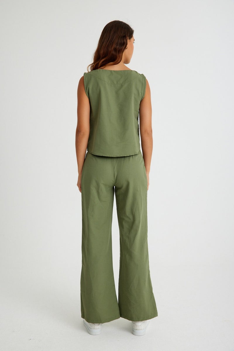 Barbora Linen Casual Sleeveless Top and Bottom Women's Set LN08HAKI5  - Image 3