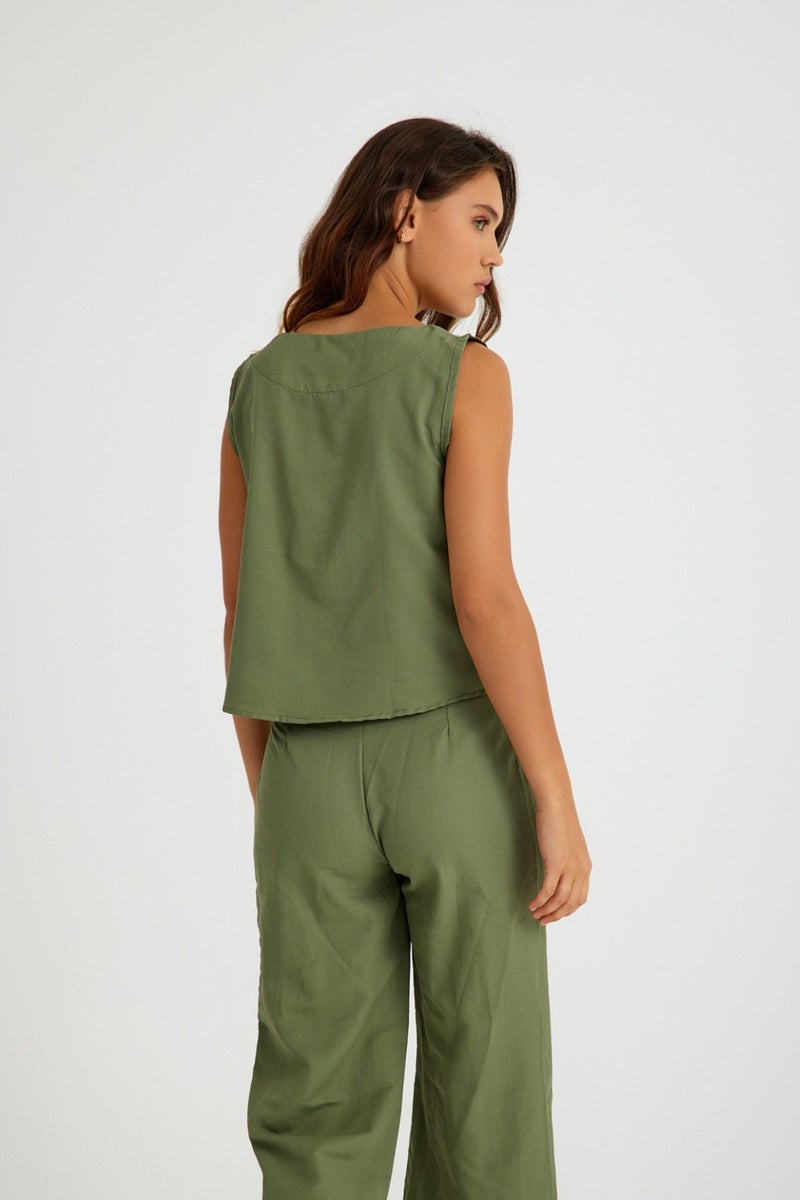 Barbora Linen Casual Sleeveless Top and Bottom Women's Set LN08HAKI5  - Image 4