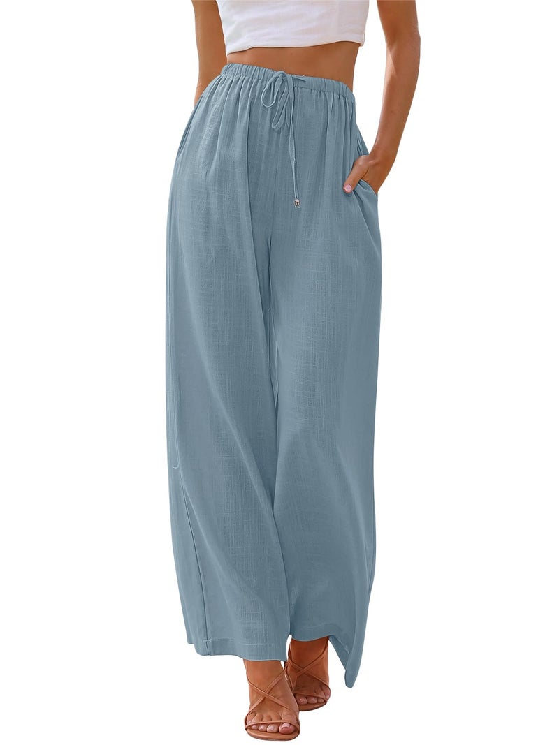 LILLUSORY Linen Wide Leg Pants Womens Palazzo Flowy Beach Vacation 2026 Summer Spring Fashion Outfits Clothes Clothing Trendy Skirts Cute Resort Wear Cruise High Waisted Boho Travel Trousers Pockets - Image 1