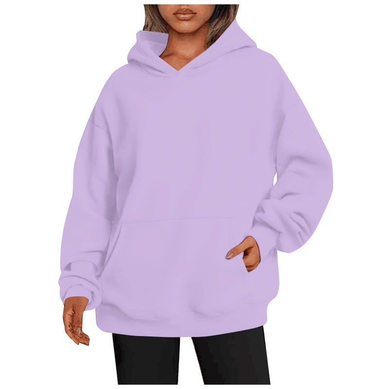 2023 New Amazon European and American cross-border foreign trade autumn and winter fashion Sports womens top thick hooded sweater Light purple