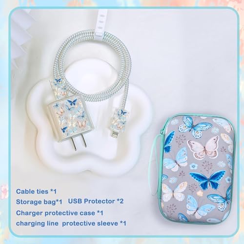 FACTOTECH iPhone Charger Protector Case with Carrying Bag Compatible for Apple 18W 20W iPhone 15 14 13 12 11 Pro & Lightning Cable Protective Sleeve with Pouch Case-Grey Blue Butterfly - Image 2