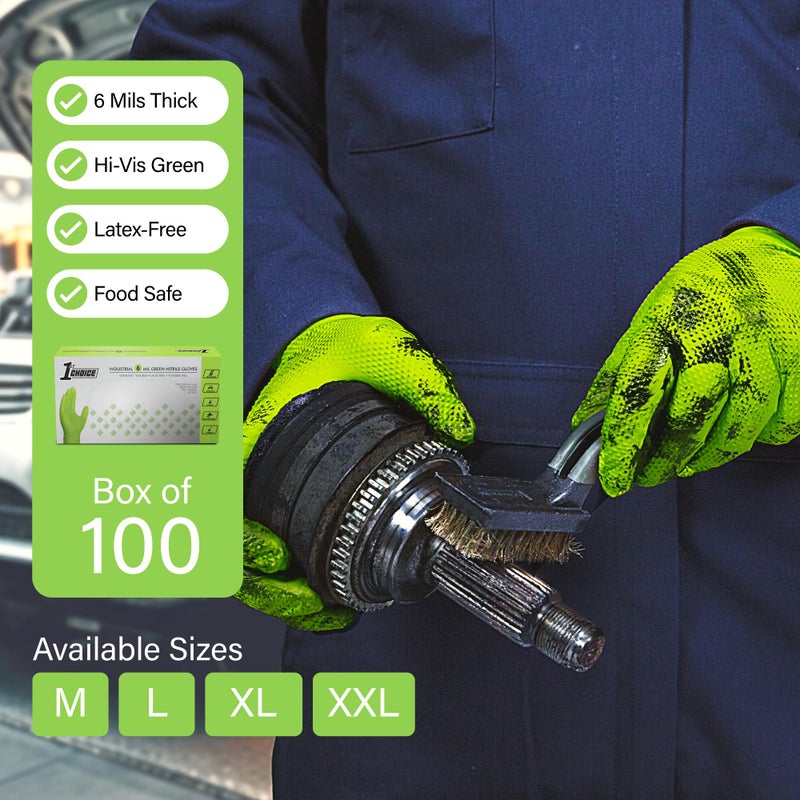 1st Choice 6 mil Mechanic Gloves, Nitrile Gloves Disposable Latex Free - Large Box of 100 Green Nitrile Disposable Gloves - Image 2
