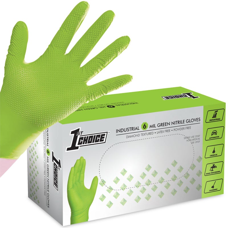 1st Choice 6 mil Mechanic Gloves, Nitrile Gloves Disposable Latex Free - Large Box of 100 Green Nitrile Disposable Gloves - Image 1