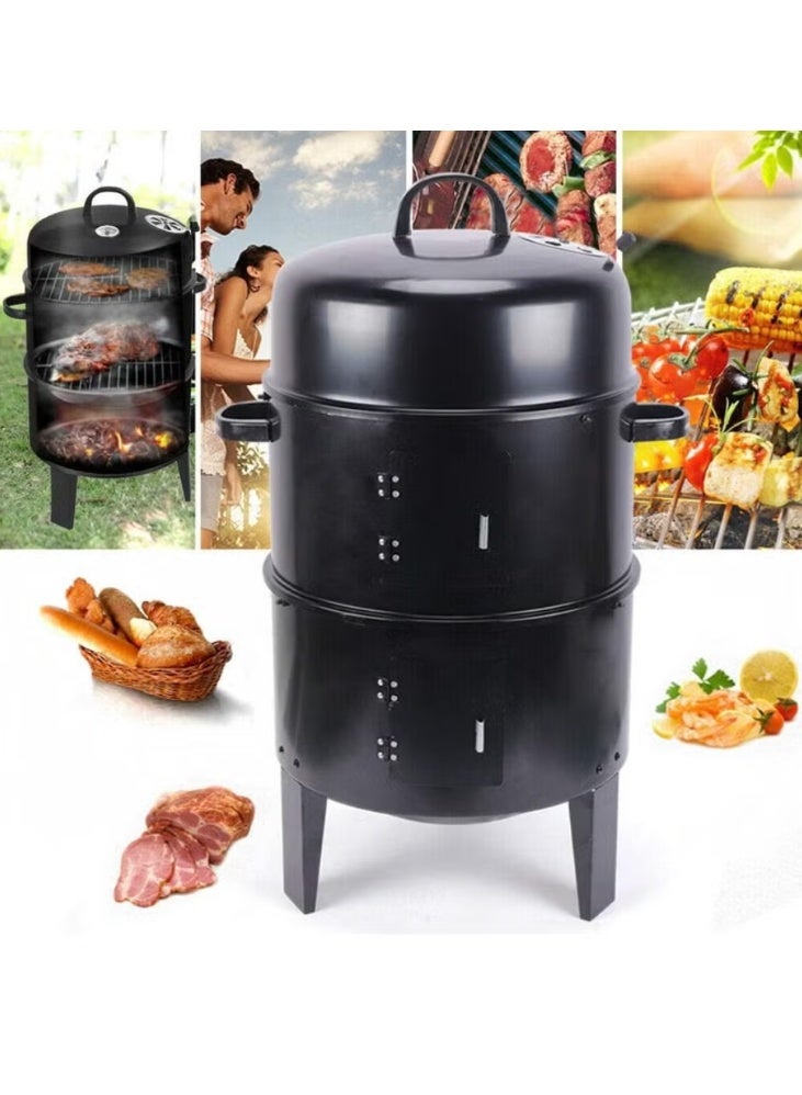 3-in-1 Smoked Grill Adjustable Wind Power BBQ Charcoal Grill, 2 Layers Detachable Smoker Barrel for Outdoor Cooking Parties - Image 1