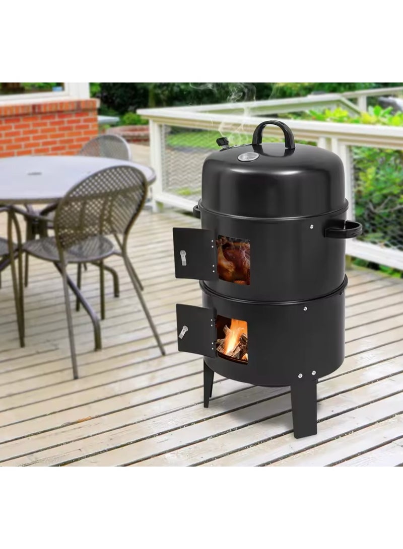 3-in-1 Smoked Grill Adjustable Wind Power BBQ Charcoal Grill, 2 Layers Detachable Smoker Barrel for Outdoor Cooking Parties - Image 5