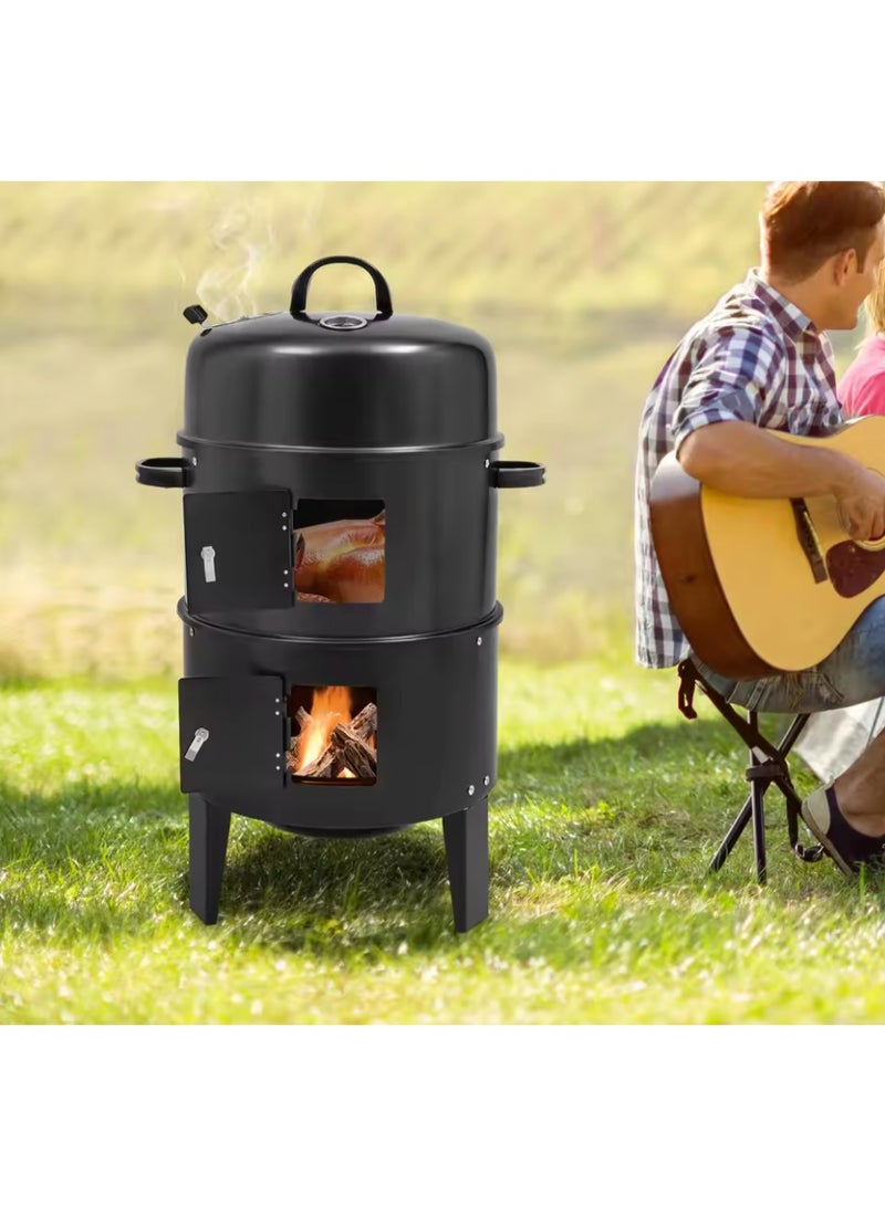 3-in-1 Smoked Grill Adjustable Wind Power BBQ Charcoal Grill, 2 Layers Detachable Smoker Barrel for Outdoor Cooking Parties - Image 4