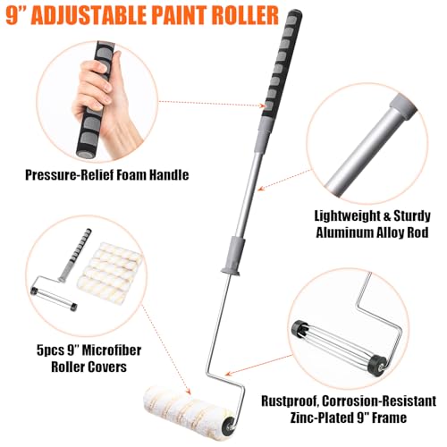 PinStone 6pcs House Paint Roller Kit, 9 inch Extendable Roller Frame with 5 Microfiber Roller Covers 1/2" Nap, Adjustable Painting Roller (18" - 36") for Walls, Ceilings, Floor, Home Painting Supplies - Image 3