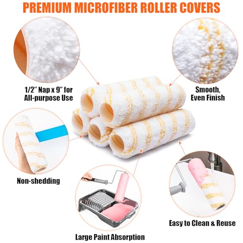 PinStone 6pcs House Paint Roller Kit, 9 inch Extendable Roller Frame with 5 Microfiber Roller Covers 1/2" Nap, Adjustable Painting Roller (18" - 36") for Walls, Ceilings, Floor, Home Painting Supplies - Image 4
