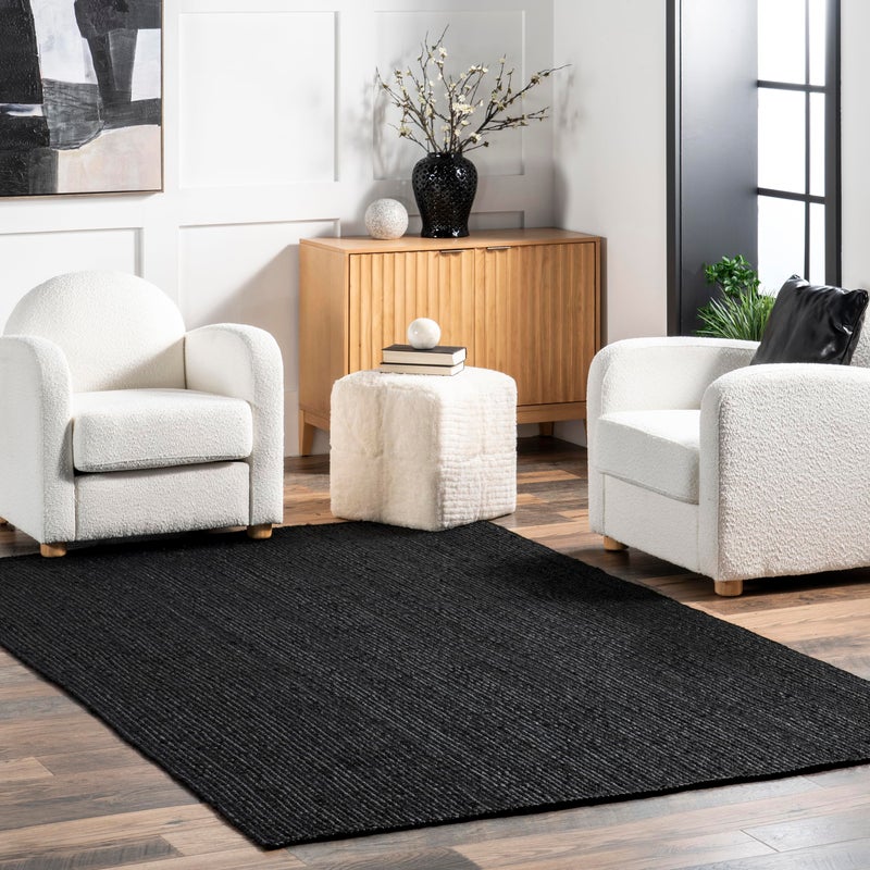 nuLOOM 2x3 Rigo Jute Hand Woven Area Rug Black Solid Farmhouse Design Natural Fiber For Bedroom Living Room Dining Room Hallway Office Kitchen Entryway