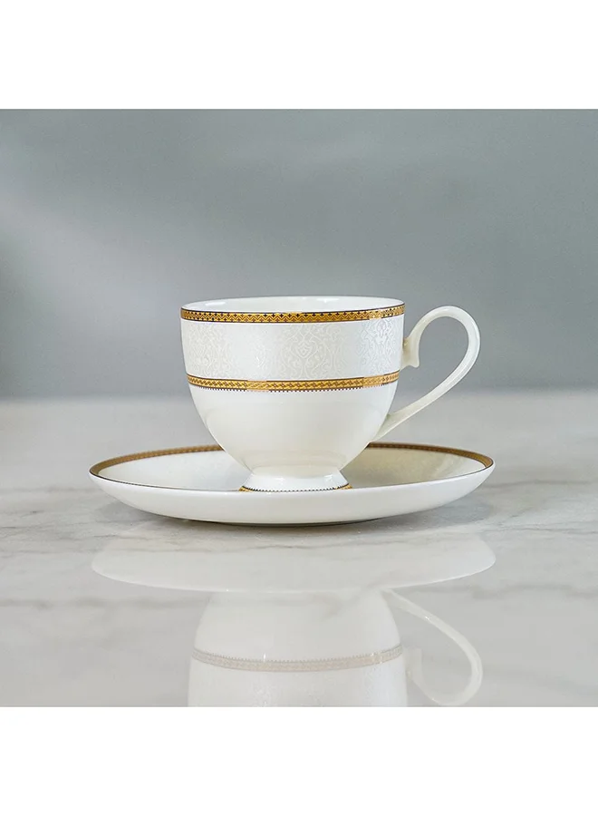 DANUBE HOME Valentina Tea Cup & Saucer 220 Ml Fine Bone China Stylish Teacup and Saucer Elegant Tableware For Home Kitchen & Dining Room L11.5xW8.5xH7.5cm White