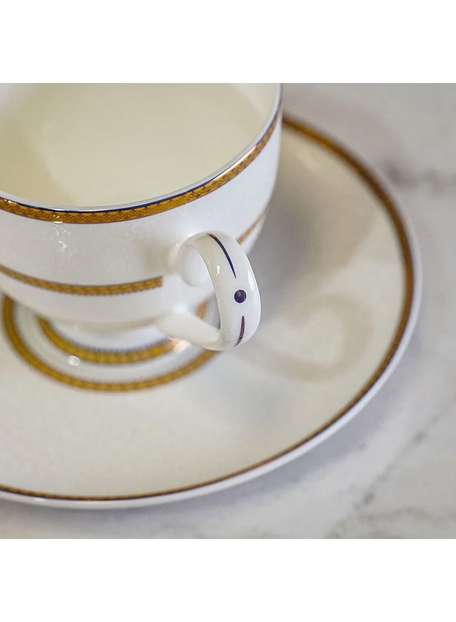 DANUBE HOME Valentina Tea Cup & Saucer 220 Ml Fine Bone China Stylish Teacup and Saucer Elegant Tableware For Home Kitchen & Dining Room L11.5xW8.5xH7.5cm White