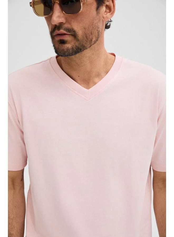 Grimelange ALMERI Men's 100% Cotton Soft Fabric V-Neck Pink T-Shirt.