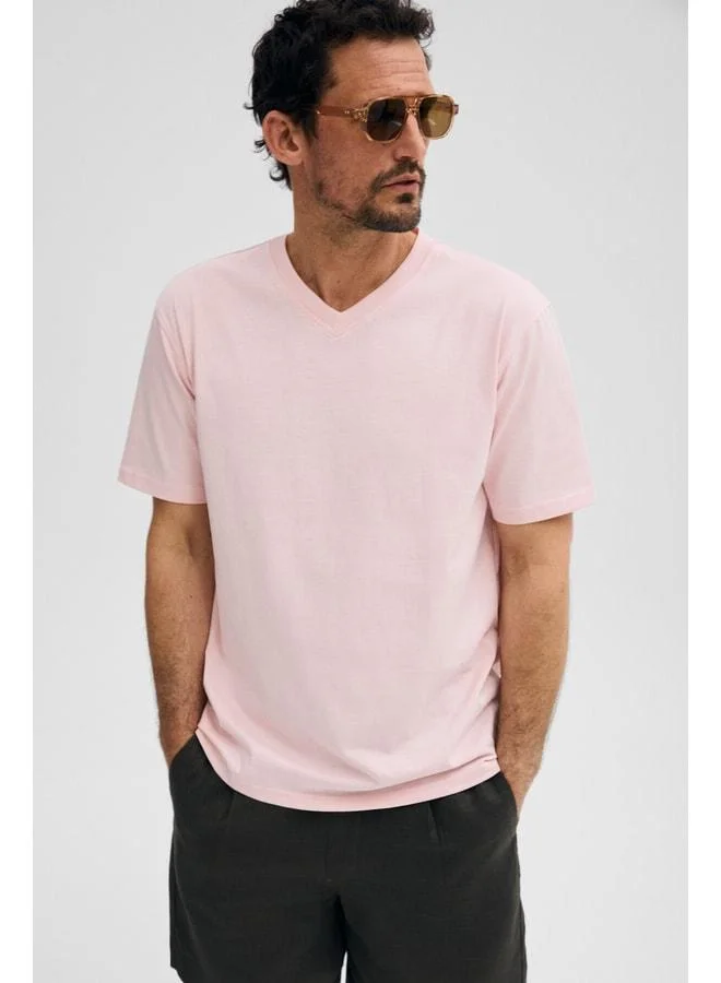Grimelange ALMERI Men's 100% Cotton Soft Fabric V-Neck Pink T-Shirt.