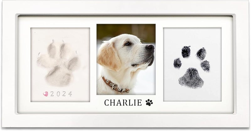 MYPAWLETS مجموعة إطار بصمة المخلب من ، مجموعة بصمة مخلب الكلب/القط، طين بصمة ناعم ووسادة حبر نظيفة اللمس، مجموعة طباعة بصمة الحيوانات الأليفة مع أداة تخصيص، إطار تذكاري خشبي للحيوانات الأليفة، هدايا DIY لعشاق الكلاب - أبيض - Image 1