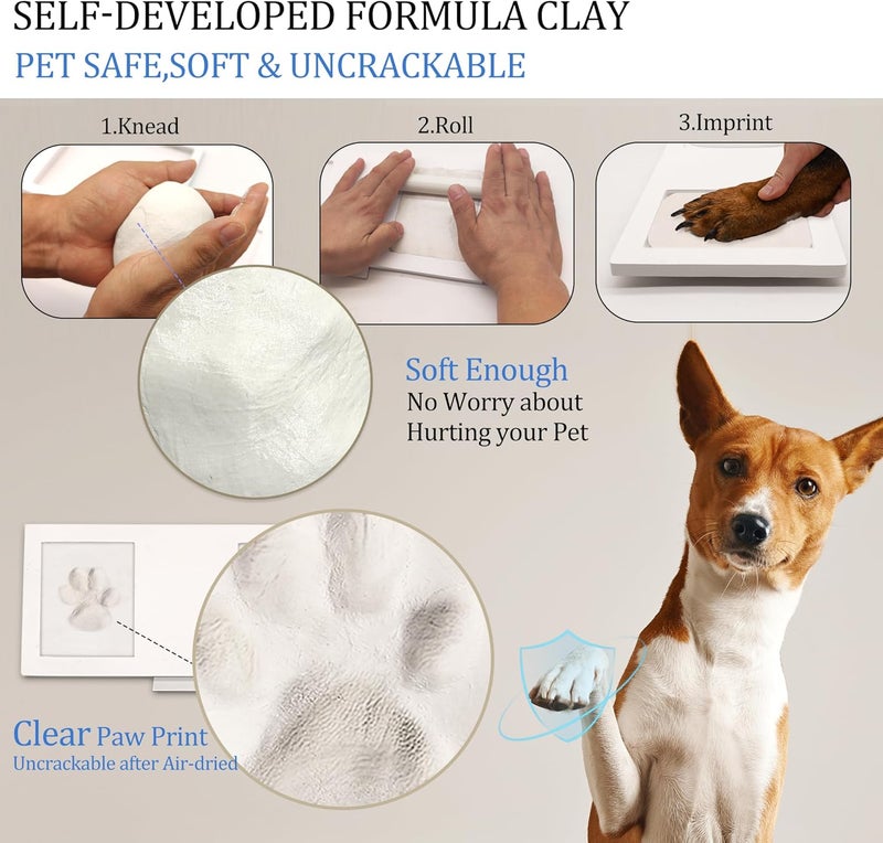MYPAWLETS مجموعة إطار بصمة المخلب من ، مجموعة بصمة مخلب الكلب/القط، طين بصمة ناعم ووسادة حبر نظيفة اللمس، مجموعة طباعة بصمة الحيوانات الأليفة مع أداة تخصيص، إطار تذكاري خشبي للحيوانات الأليفة، هدايا DIY لعشاق الكلاب - أبيض - Image 3