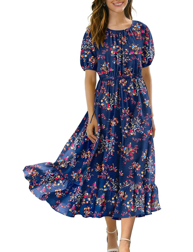 YESNO Women's Summer Floral Maxi Dresses Boho Puff Sleeve Casual Drawstring Ruffle Tiered Hem Beach Dress with Pockets ECS XL ECS CR030 - Image 1
